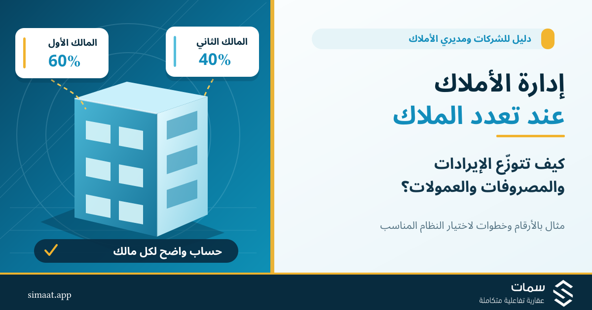كيف يدير برنامج الأملاك العقارية الإيرادات والمصروفات والعمولات عند تعدد الملاك؟